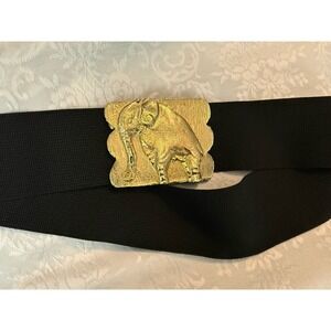 VTG Stretch Belt Cinch Waist Gold Tone Elephant Buckle Black Statement Sz M